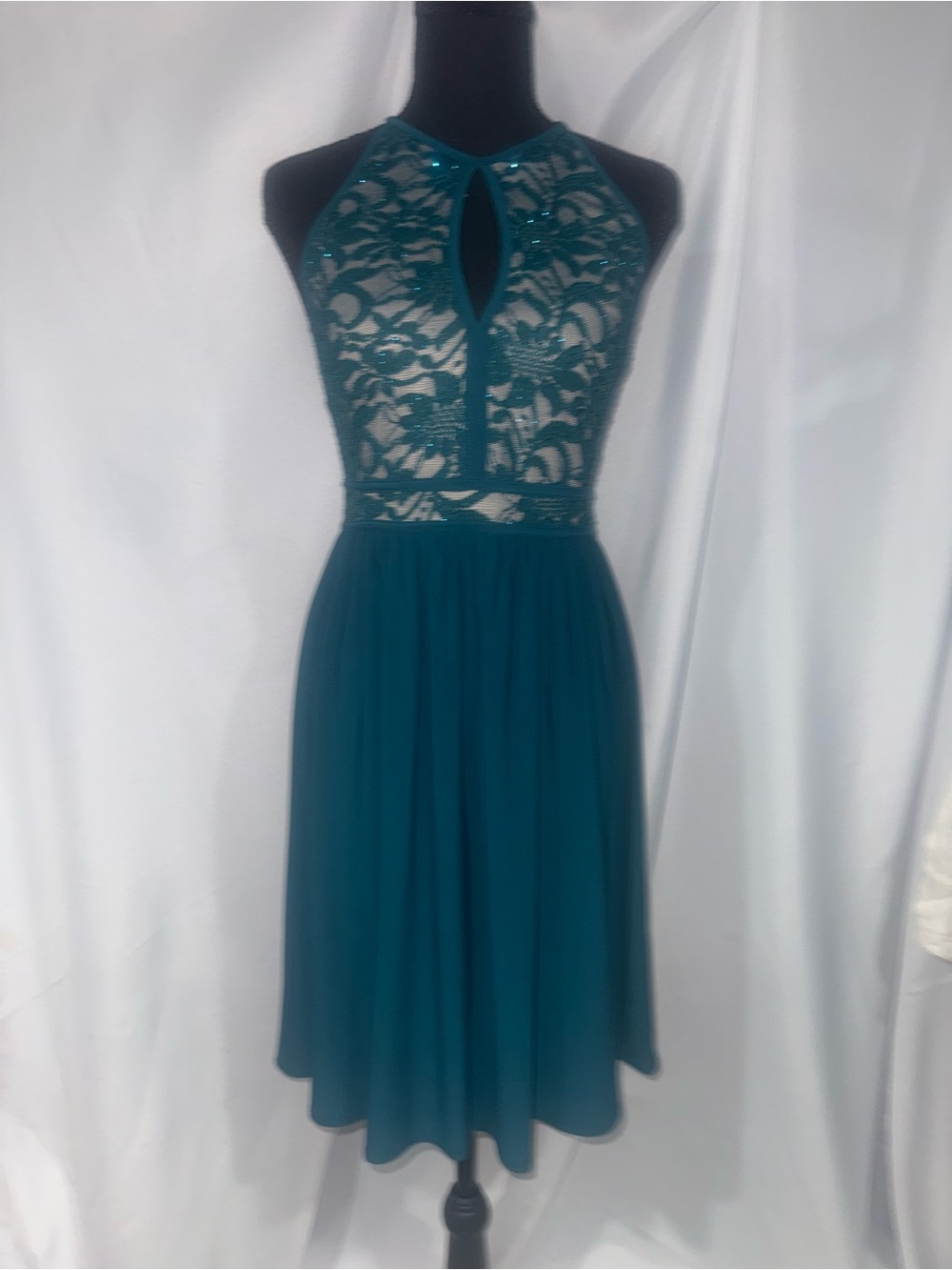 Morgan & Co. Teal Lace Halter Midi Dress
